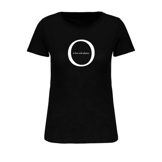 Black t-shirt with a white circular design and text In love with physics