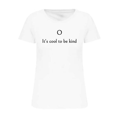 White t-shirt with 'It's cool to be kind' text 