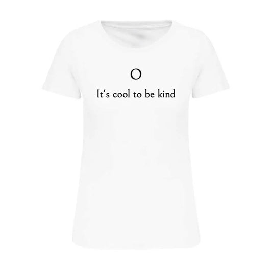 White t-shirt with 'It's cool to be kind' text 